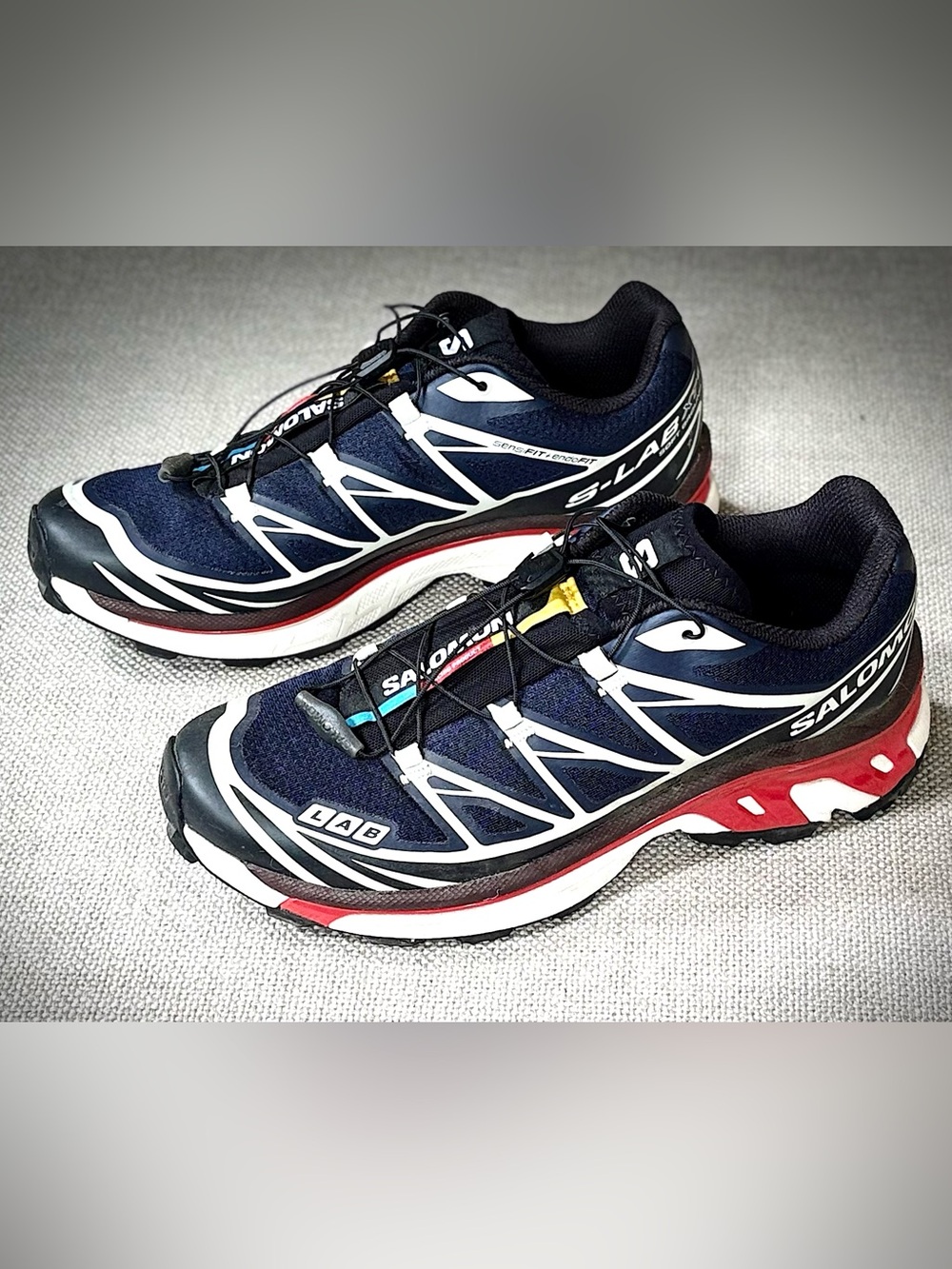 Salomon S-LAB Navy Blue and White Trail Running Shoes with Red Accents XT 6